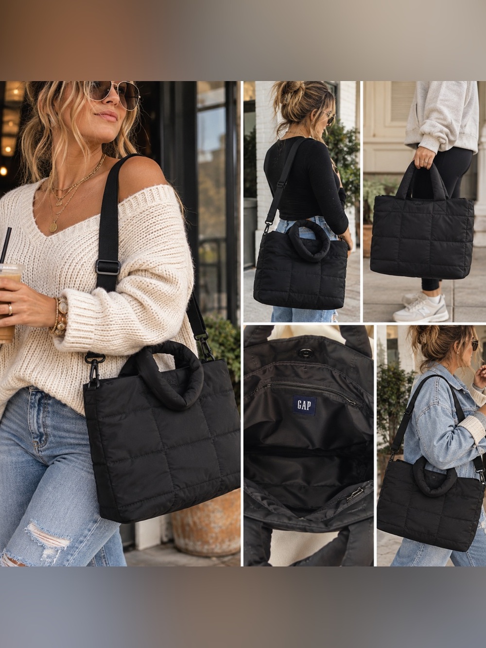 GAP Black Quilted Tote Bag NWT Convertible Shoulder Crossbody $54.95